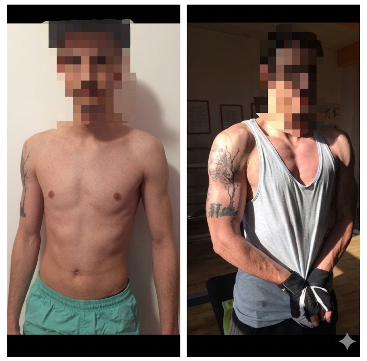 Transformare client ResetYourBody — înainte și după, definire musculară la sală